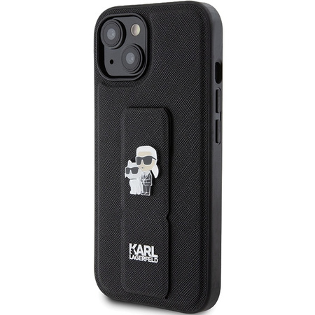 Karl Lagerfeld Gripstand Saffiano Karl&amp;Choupette Pins case for iPhone 15 Plus / 14 Plus - black