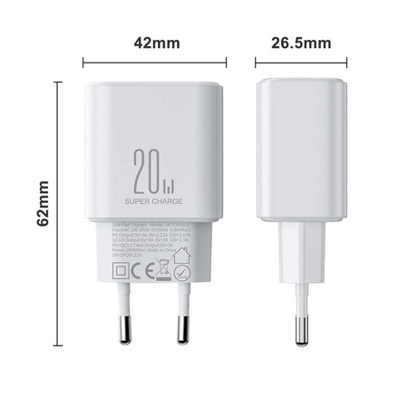 Joyroom JR-TCF05 20W USB-C / USB-A Fast Dual Port Wall Charger - White + USB-C - Lightning 1m