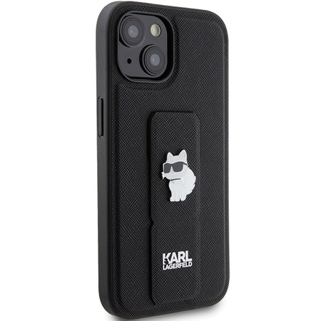 Karl Lagerfeld Gripstand Saffiano Choupette Pins Case for iPhone 15 Plus / 14 Plus - Black