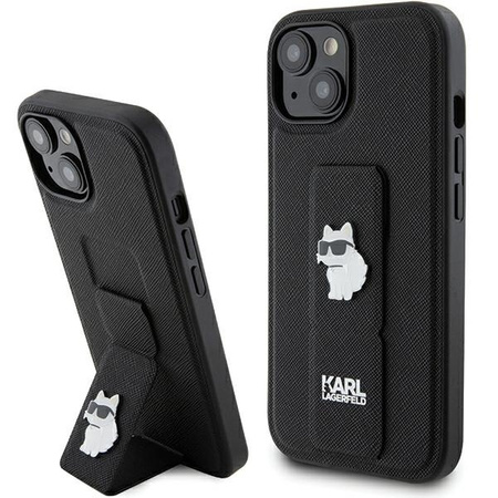 Karl Lagerfeld Gripstand Saffiano Choupette Pins Case for iPhone 15 Plus / 14 Plus - Black