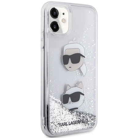 Original Handyhülle IPHONE 11 / XR Karl Lagerfeld Hardcase Liquid Glitter Karl & Choupette Heads (KLHCN61LDHKCNS) silber