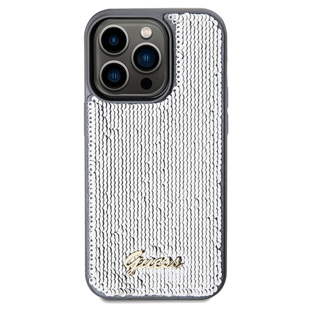 Guess Pailletten-Schriftzug-Metallgehäuse für iPhone 14 Pro Max – Silber