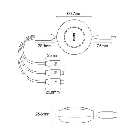 Baseus Bright Mirror 2 retractable cable 3in1 USB Type C - micro USB + Lightning + USB Type C 3.5A 1.1m purple (CAMJ010205)