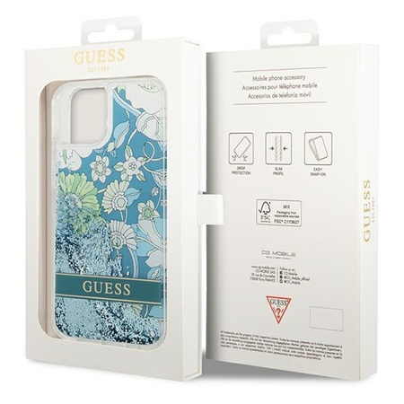 Case IPHONE 14 Guess Hardcase Flower Liquid Glitter green