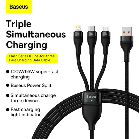 Baseus Flash Series II kabel USB - USB Typ C / Lightning / micro USB 100 W 1,2 m czarny (CASS030001)