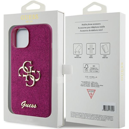 Guess Glitter Script Big 4G Hülle für iPhone 15 – Lila