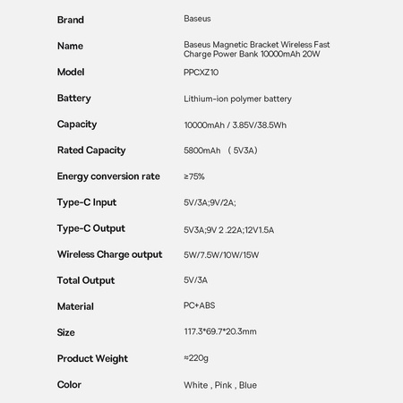 Baseus Magnetic Bracket Powerbank with MagSafe Wireless Charging 10000mAh 20W Overseas Edition white (PPCX000202) + USB Type C Baseus Xiaobai Series 60W 0.5m