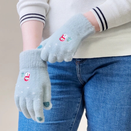 Women's winter telephone gloves with a snowman and a Christmas tree - green