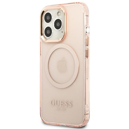 Original Handyhülle IPHONE 13 PRO Guess Hard Case Gold Outline Translucent MagSafe (GUHMP13LHTCMP) rosa