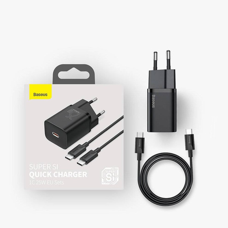 Baseus Super Si szybka ładowarka sieciowa Quick Charge 3.0 Power Delivery 25W 3A + Kabel USB Typ C - USB Typ C 3A 1m czarny (TZCCSUP-L01)