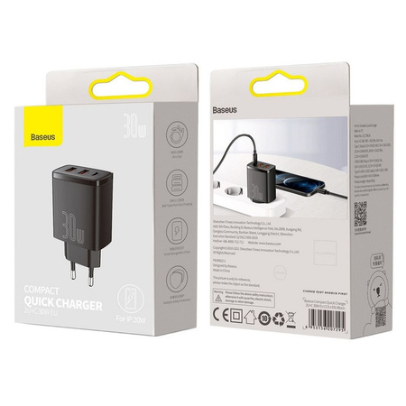 Baseus Compact szybka ładowarka sieciowa 2x USB / USB Typ C 30W 3A Power Delivery Quick Charge czarny (CCXJ-E01)