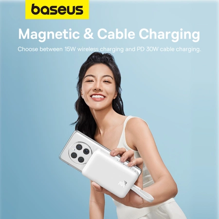 Baseus Magnetic Mini MagSafe 10000mAh 30W powerbank with built-in Lightning cable - white + Baseus Simple Series USB-C - USB-C 60W 0.3m cable