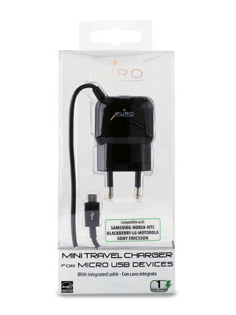 PURO Mini Travel Charger - Przenośna ładowarka sieciowa z kablem Micro USB (czarny)