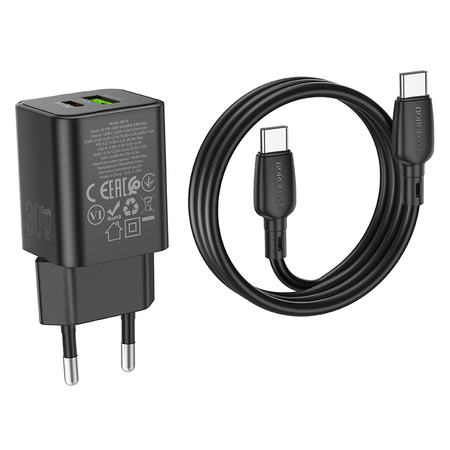 Borofone Ładowarka sieciowa BN14 Royal GaN - USB + Typ C - QC 3.0 PD 30W z kablem Typ C na Typ C czarna