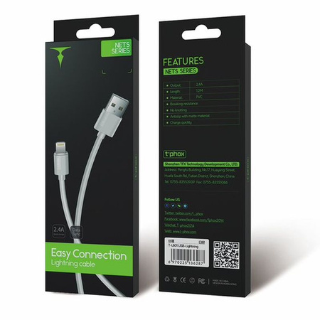 KABEL T-PHOX NETS LIGHTNING WHITE 2.4A ; PVC ; 1,2M