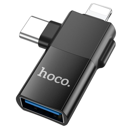 HOCO adapter OTG Typ C (męski) / Lightning (męski) do USB A (żeński) 2w1 UA17 czarny