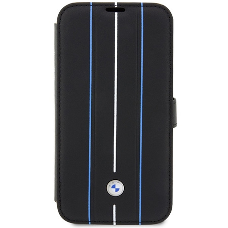 Original Case IPHONE 14 PRO BMW Bookcase Leather Stamp Blue Lines (BMBKP14L22RVSK) black