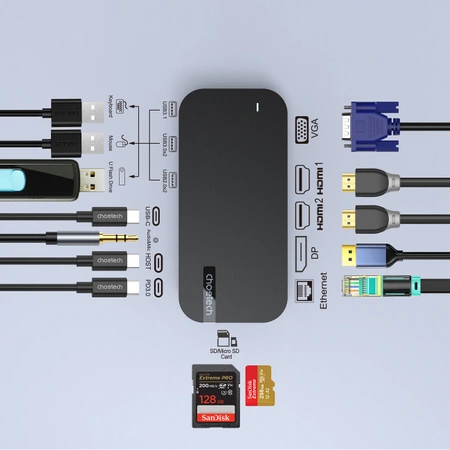 HUB Choetech M52 USB-C - USB-C PD/USB-C/USB-A/HDMI/VGA/DP/SD/TF/RJ45/AUX - szary