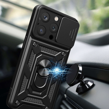 Hybrid Armor Camshield-Hülle mit Ständer und Kameraabdeckung für iPhone 15 Pro – Schwarz