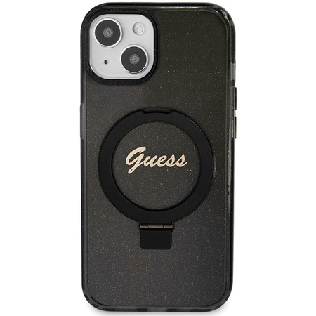 Guess Ring Stand Script Glitter MagSafe Hülle für iPhone 15 Plus / 14 Plus – Schwarz