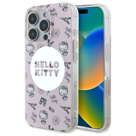 Original Handyhülle IPHONE 16 PRO Hello Kitty Hardcase IML All Over Paris MagSafe (HKHMP16LHAOPP) rosa