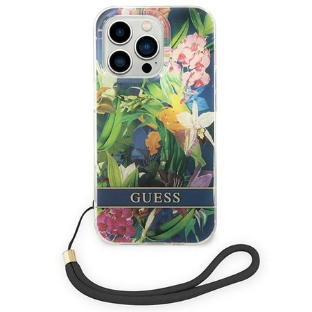 Original Handyhülle IPHONE 14 PRO Guess Hardcase Flower Strap (GUOHCP14LHFLSB) blau