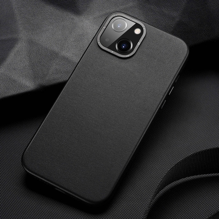 Dux Ducis Grit Leather Case for iPhone 14 Plus Elegant Faux Leather Cover (MagSafe Compatible) Black