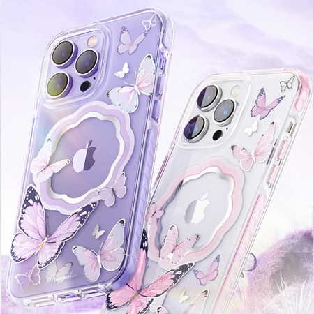 Kingxbar Butterfly Series magnetyczne etui iPhone 14 Pro MagSafe etui z motylami niebieskie