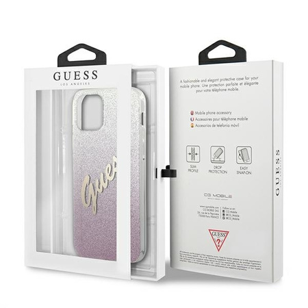 Oryginalne Etui IPHONE 12 / 12 PRO 6,1" Guess Hardcase Glitter Gradient Script GUHCP12MPCUGLSPI różowe