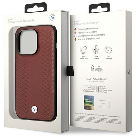 Original Handyhülle IPHONE 14 PRO BMW Leather Diamond Pattern MagSafe (BMHMP14L22RFGR) burgund