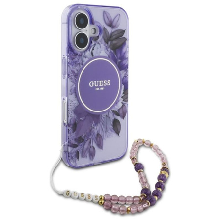 Guess IML Flowers With Pearl Strap MagSafe - Etui iPhone 16 (fioletowy)