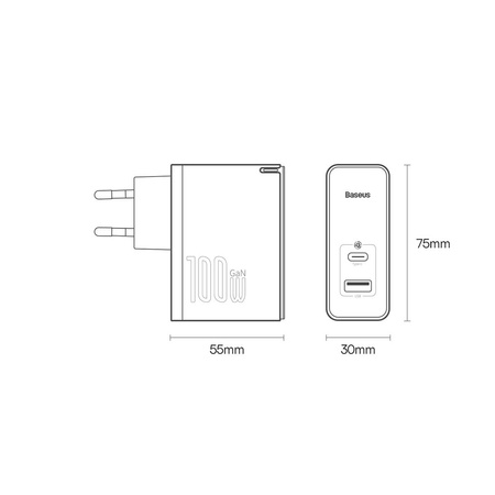 Baseus GaN5 Pro Fast Universal GaN USB Ladegerät Typ C / USB 100W PD3.0, QC4.0+, AFC weiß (CCGP090201)