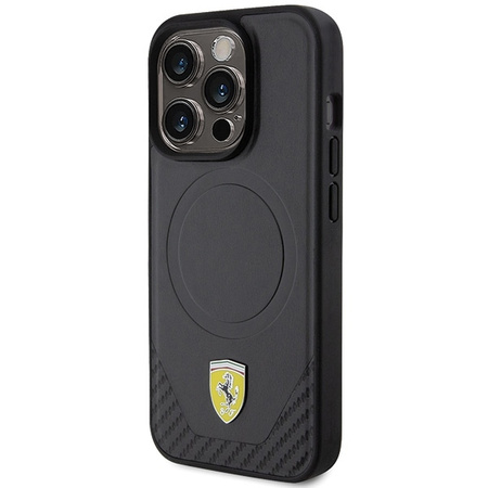 Ferrari Carbon Metal Logo MagSafe-Hülle für iPhone 15 Pro – Schwarz