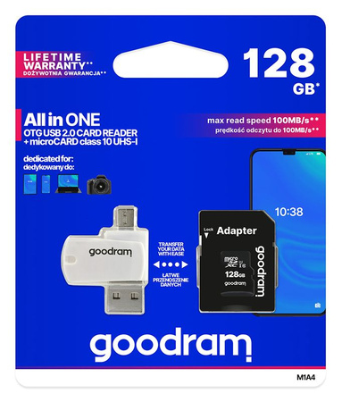 Goodram All in one 128 GB karta pamięci micro SD XC UHS-I class 10, adapter SD, czytnik kart micro SD OTG (USB, micro USB) (M1A4-1280R12)