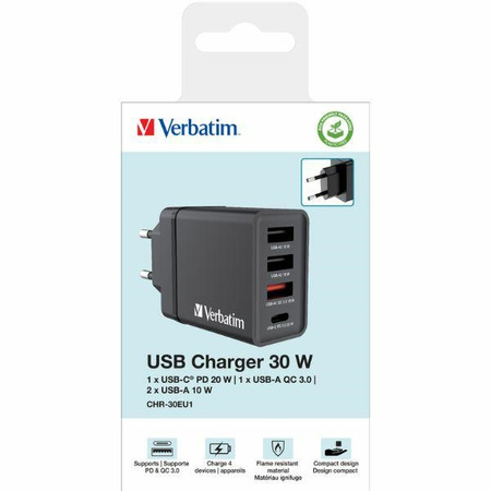 Verbatim Ładowarka sieciowa 30W 3xUSB-A/ USB-C PD 3.0 CHR-30EU2 czarny/black 49700