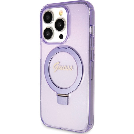 Guess Ring Stand Script Glitter MagSafe case for iPhone 15 Pro - purple