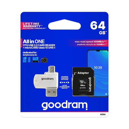 Goodram All in one 64 GB karta pamięci micro SD XC UHS-I class 10, adapter SD, czytnik kart micro SD OTG (USB, micro USB) (M1A4-0640R12)