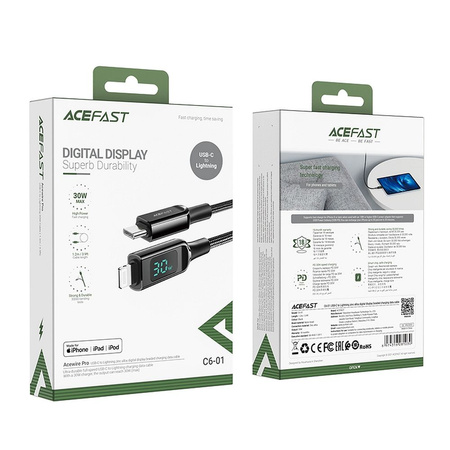 Acefast cable MFI USB Type C - Lightning 1.2m, 30W, 3A black (C6-01 Black)