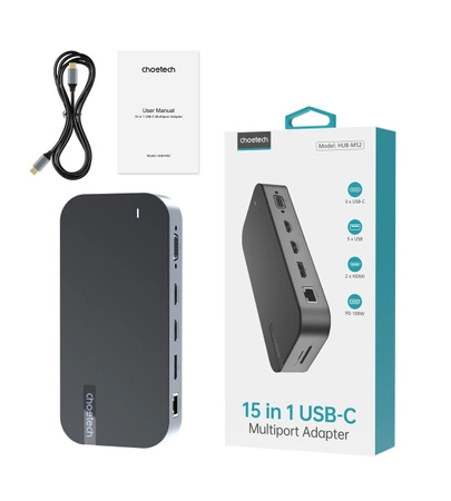 HUB Choetch M52 USB-C - USB-C PD/USB-C/USB-A/HDMI/VGA/DP/SD/TF/RJ45/AUX - gray