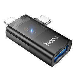 HOCO adapter OTG 2w1 Lightning (męski) / Typ C (męski) do USB A (żeński) UA36E czarny