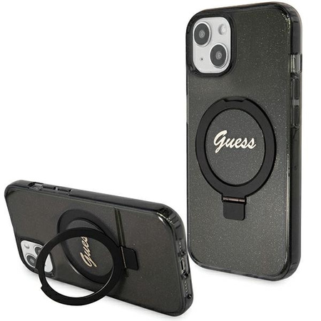 Guess Ring Stand Script Glitter MagSafe case for iPhone 15 - black